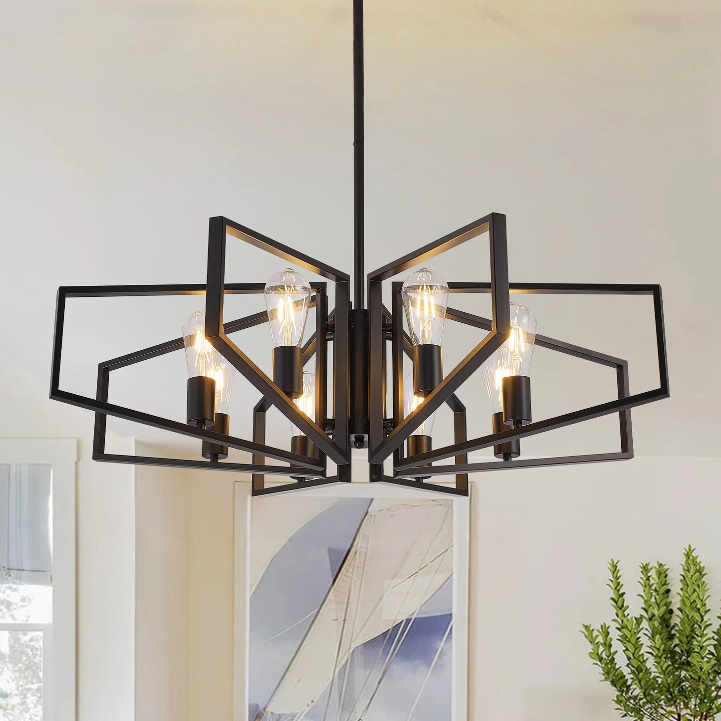 Modern 8-Light Geometric Chandelier With Adjustable Height Metal Pendant
