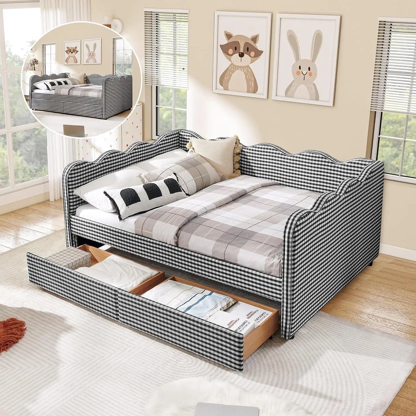 Wave Upholstered Storage Daybed Drawers USB Ports Modern Sofa Bed