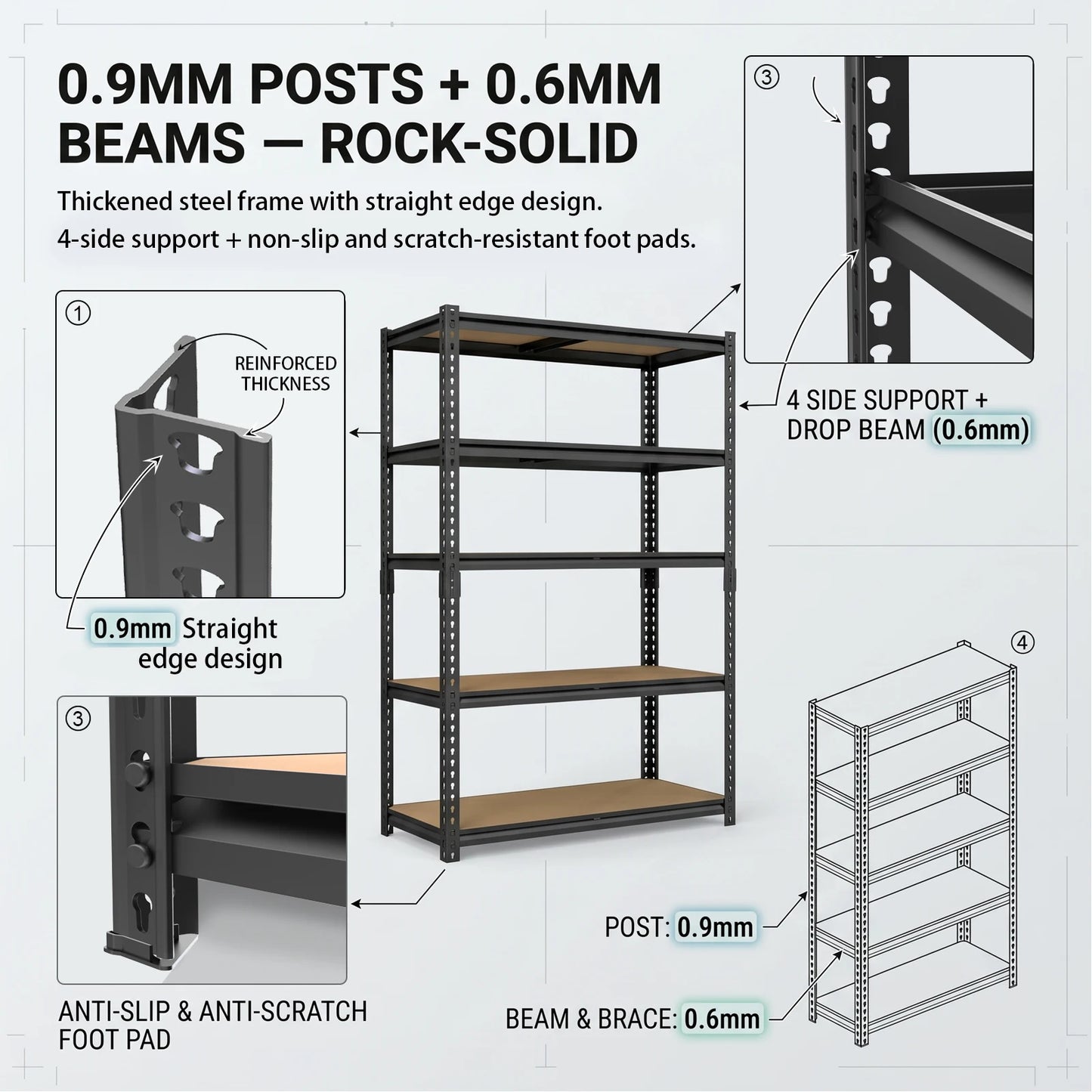 Heavy-Duty Industrial Metal Storage Shelves Adjustable Five-Tier Unit