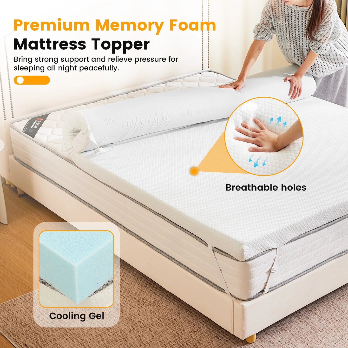 JHK Gel Memory Foam Mattress Topper With Removable Cover Cooling