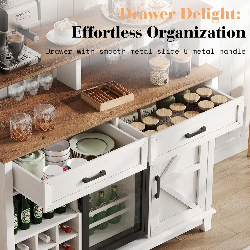 Farmhouse Coffee Bar Cabinet With Refrigerator Wine Rack