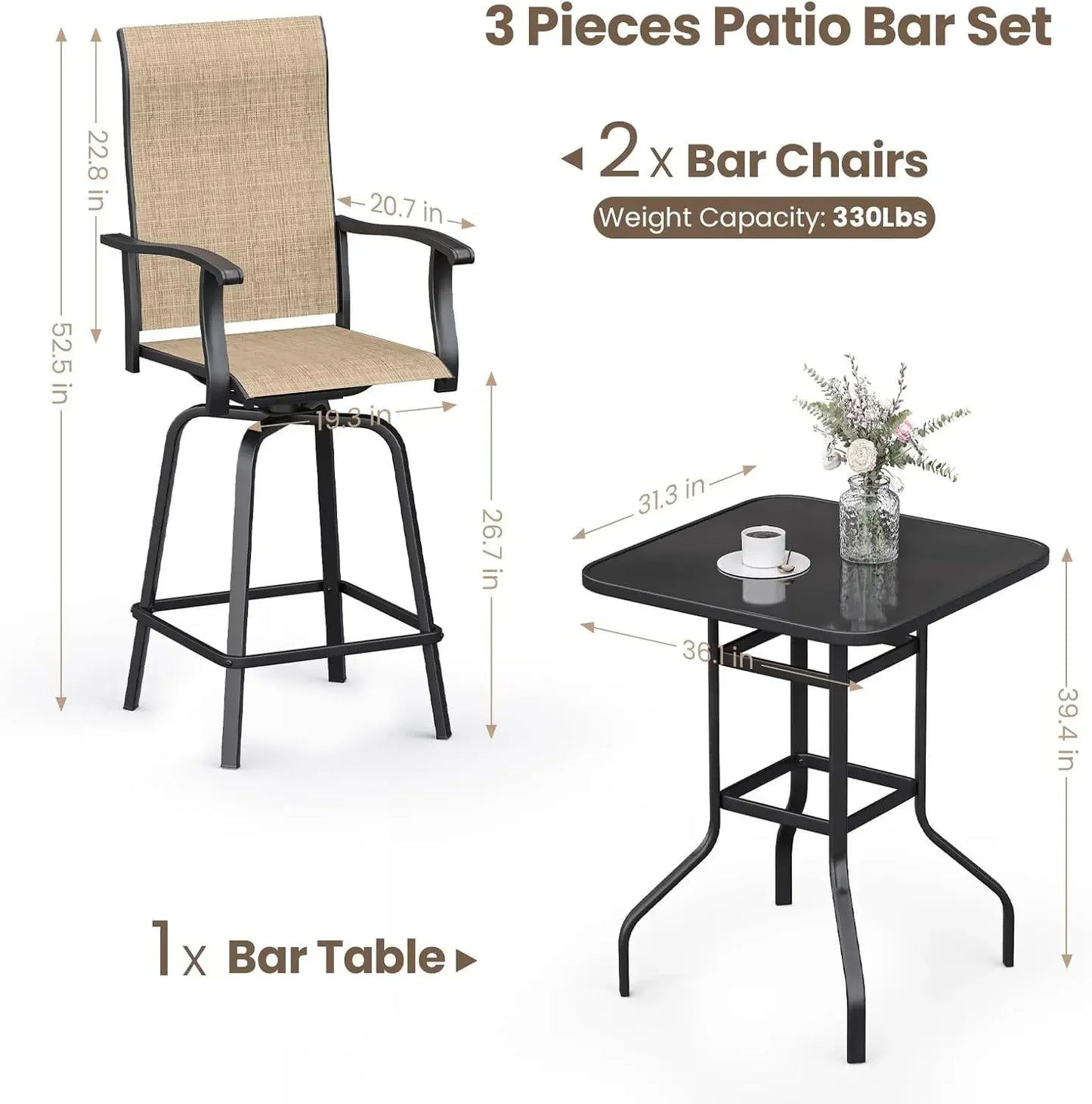 3-Piece Textilene All-Weather Patio Bar Set With Swivel Stools And Glass Table