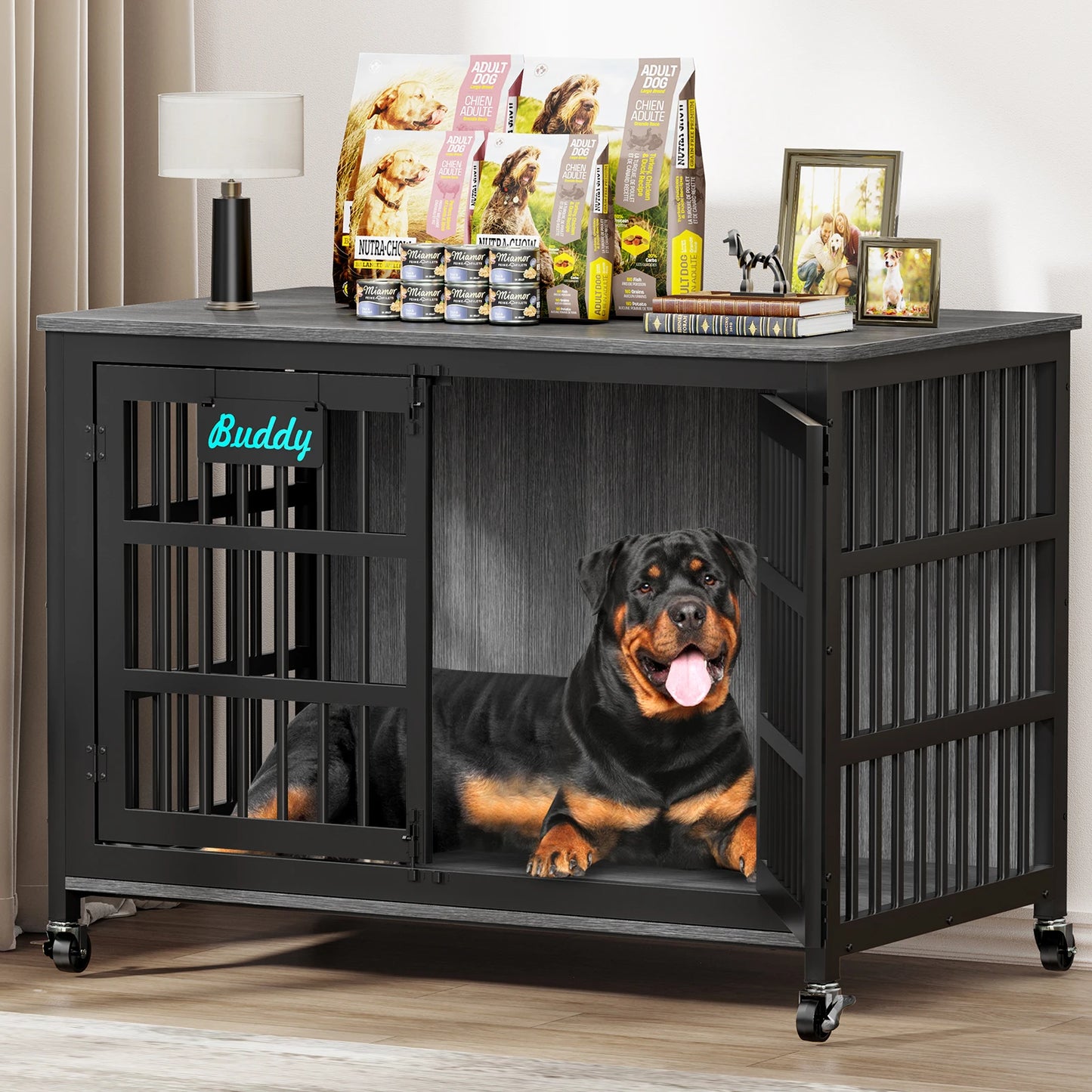 Furniture Style Dog Crate With Casters For Indoor Use