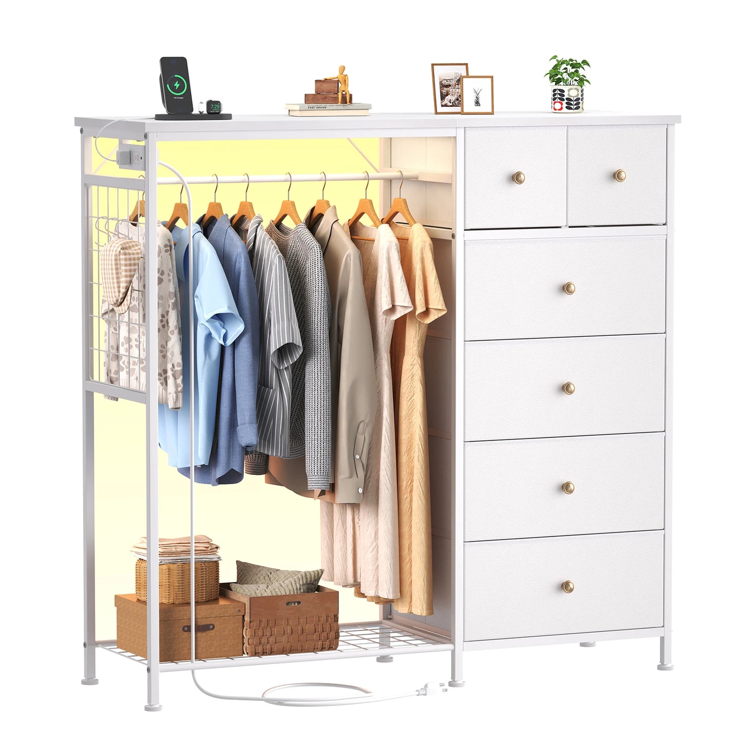 JHK Living Room Fabric Dresser With Hanging Rack And LED Lights