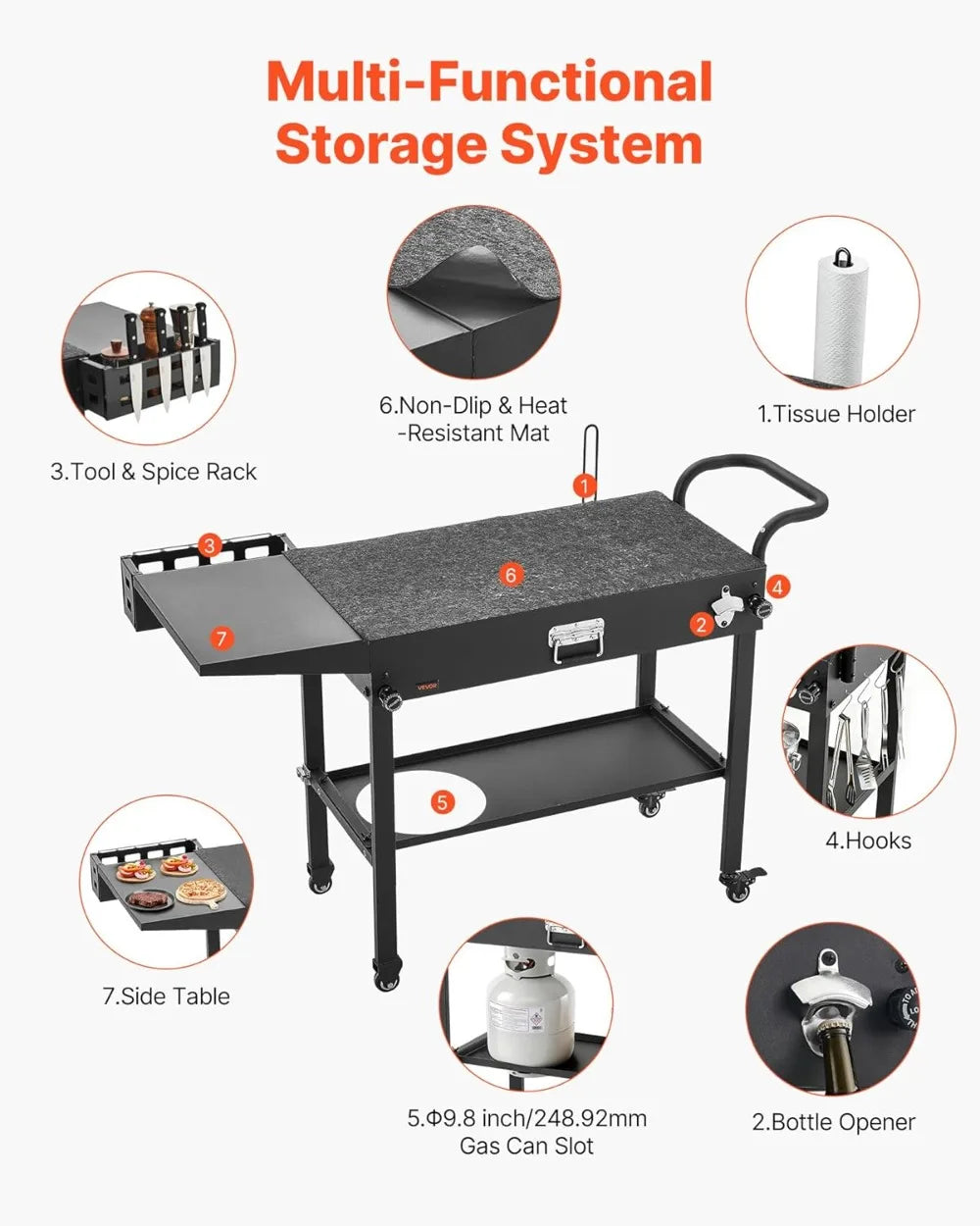 Outdoor Grill Cart With Wheels Foldable Table Tissue Holder Hooks