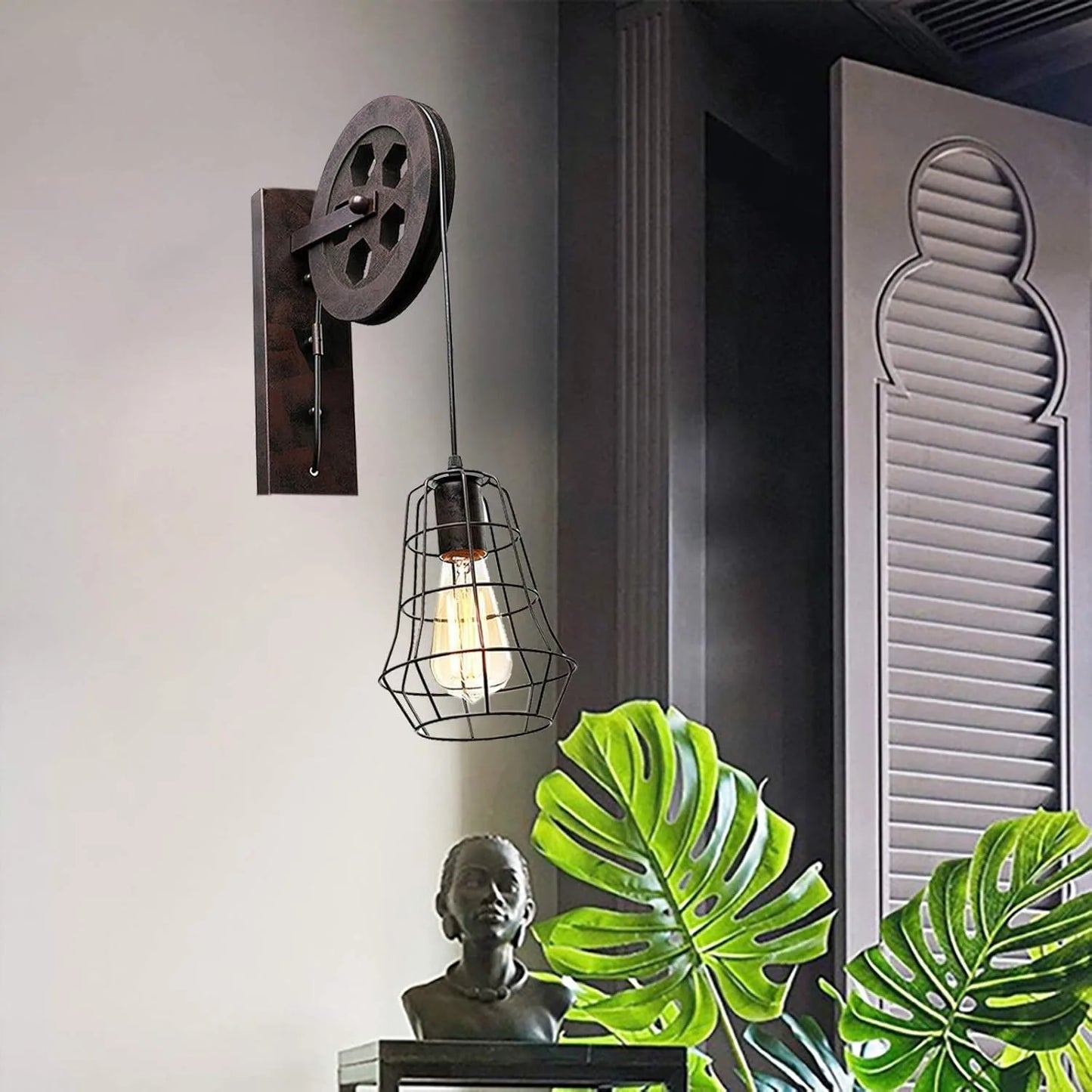 Bymaocar Industrial Wall Sconce Lift Pulley With Iron Cage