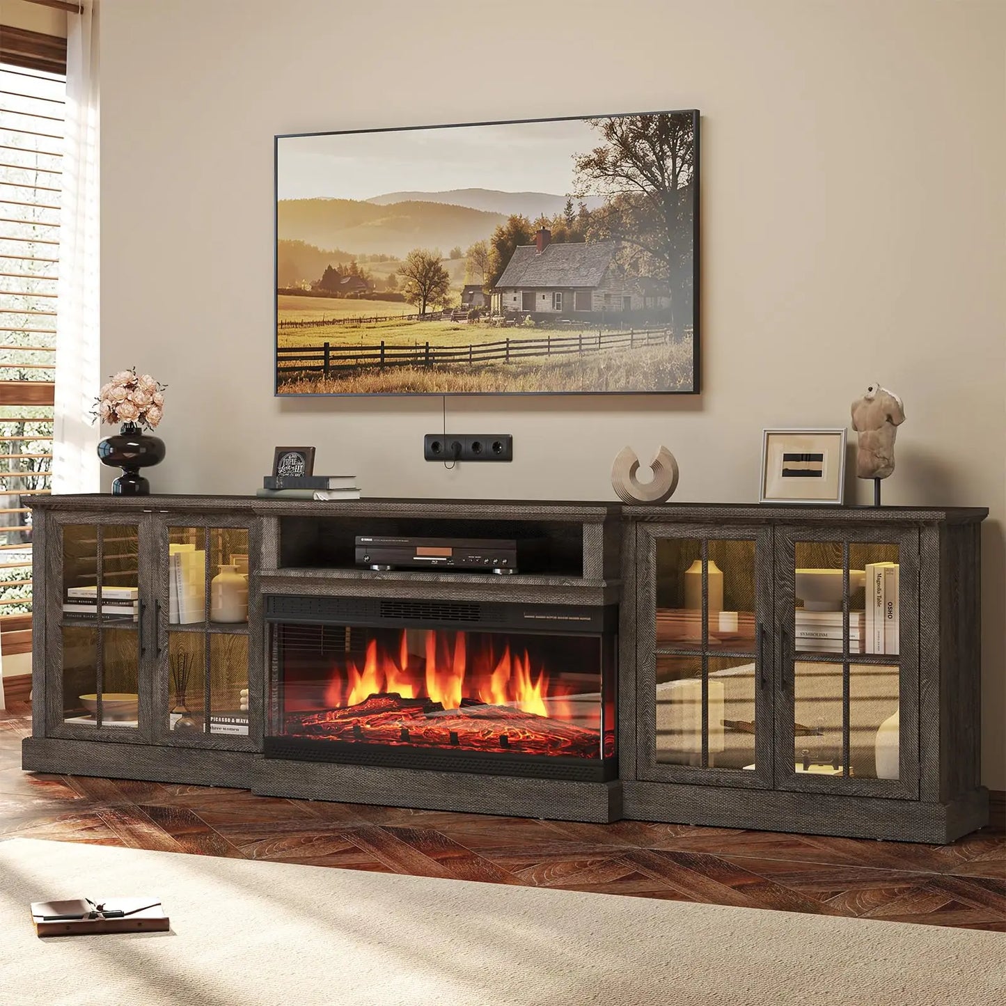 Farmhouse TV Stand With Electric Fireplace Media Console And Shelves