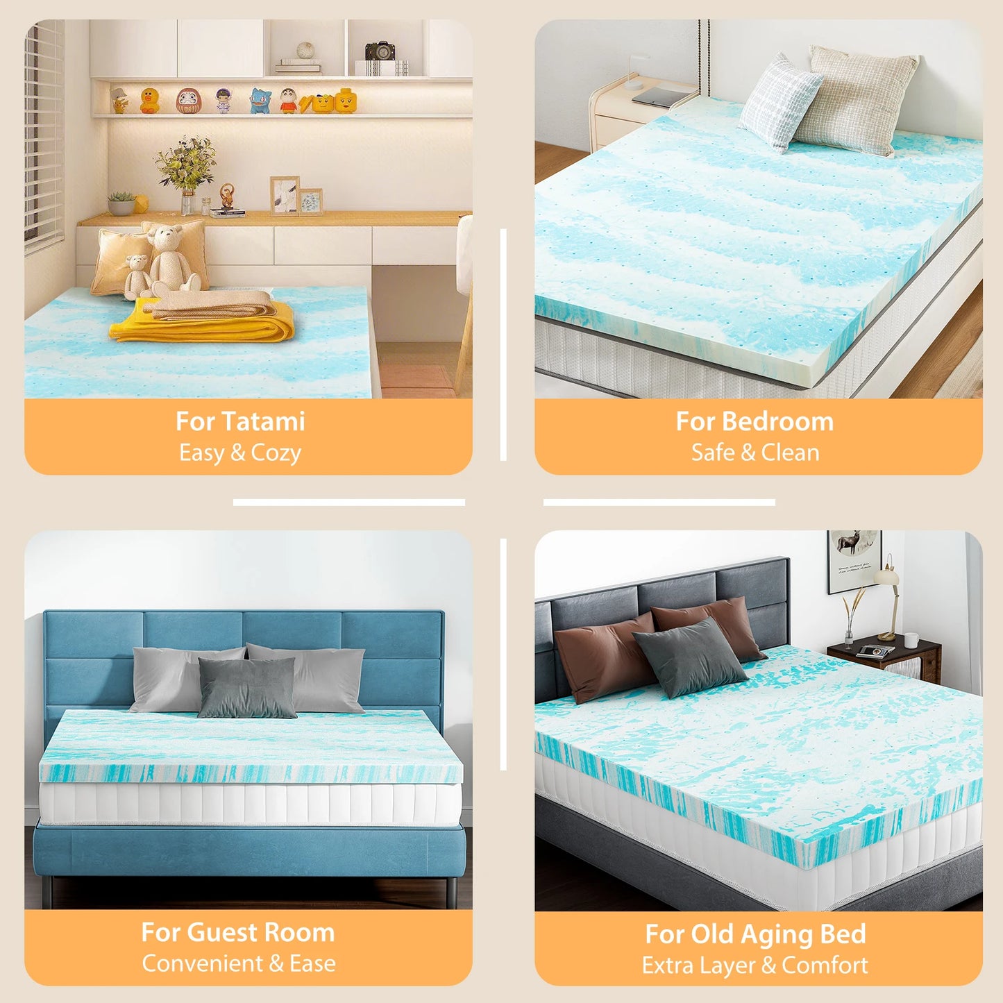 JHK Gel Memory Foam Mattress Topper Cooling For Breathable Comfort