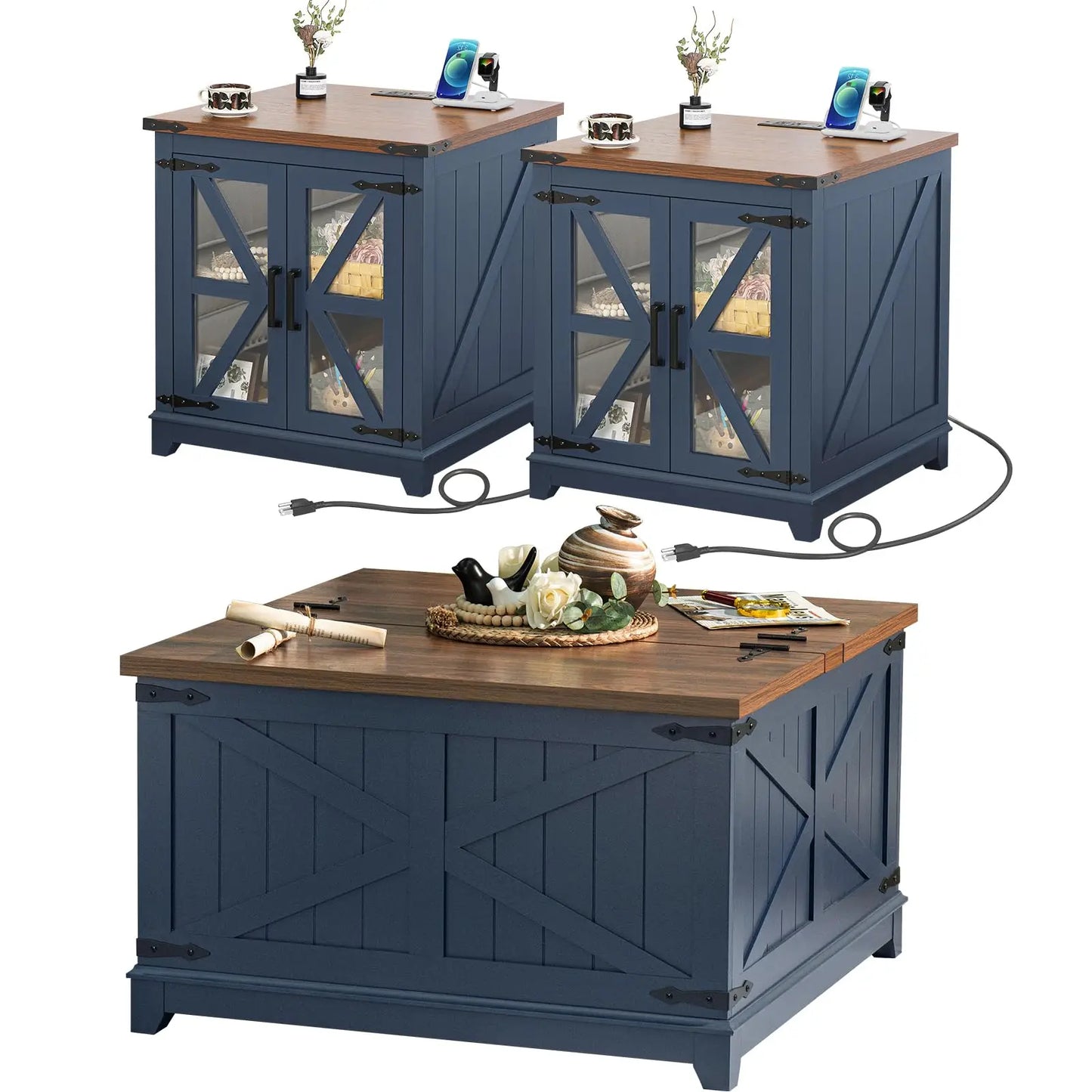 Farmhouse Wood Coffee Table Set 3 Pieces With Charging Station