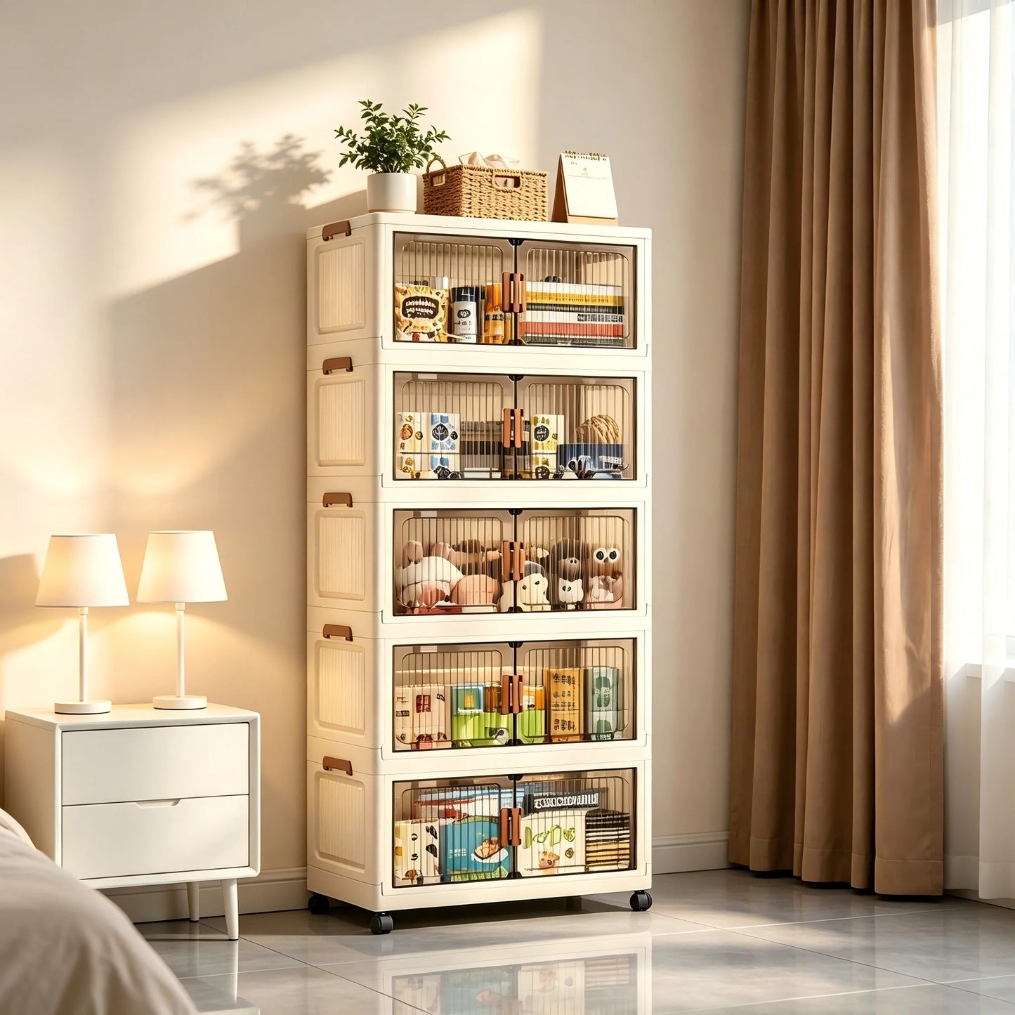 Foldable 6-Tier Storage Cabinet with Wheels, Stackable Plastic Organizer