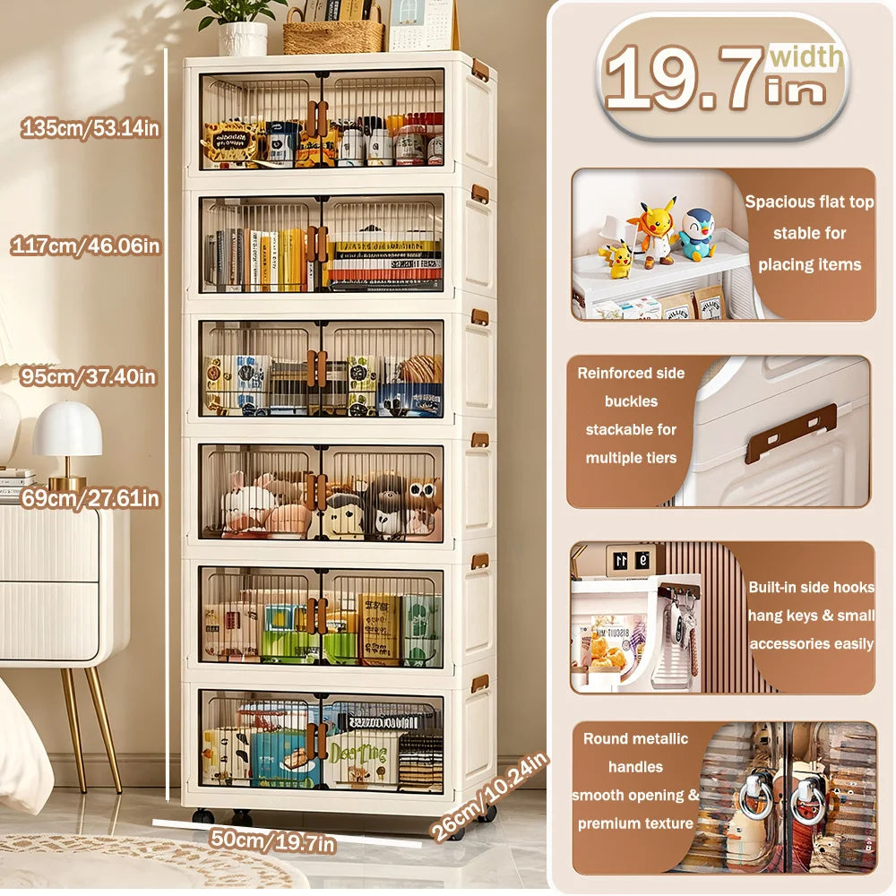 Foldable 6-Tier Storage Cabinet with Wheels, Stackable Plastic Organizer