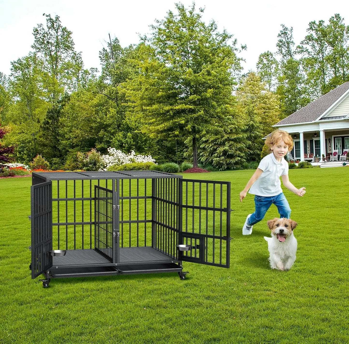 HiMISS Metal Dog Crate With Divider Removable Tray And Wheels