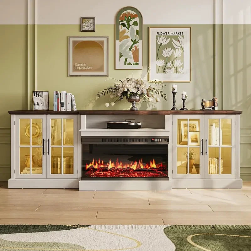 Farmhouse TV Stand With Electric Fireplace Media Console And Shelves