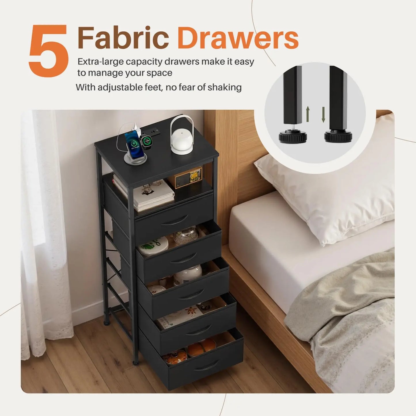 JHK 5 Drawer Fabric Dresser Nightstand With Charging Station