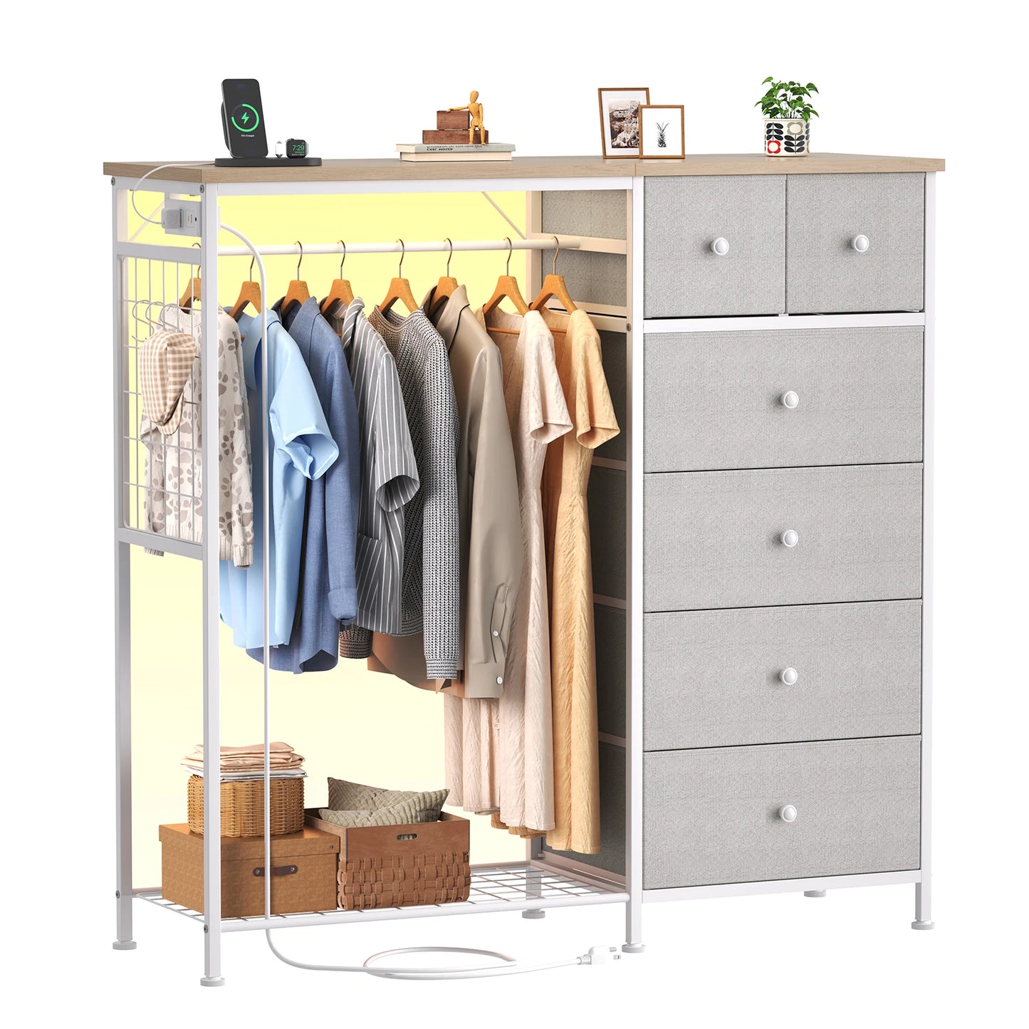 JHK Living Room Fabric Dresser With Hanging Rack And LED Lights
