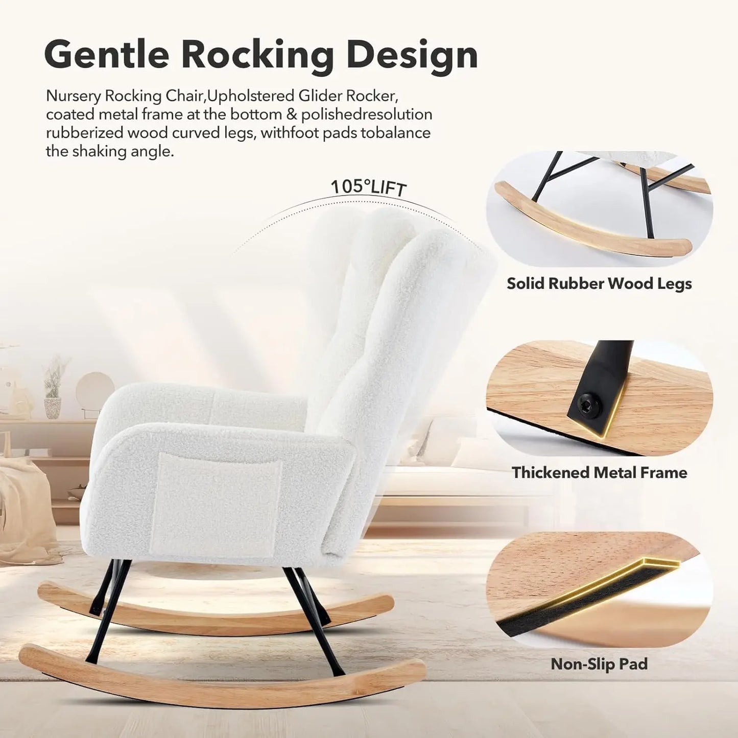 Studyset Modern Upholstered Nursery Rocker Chair With Side Pocket