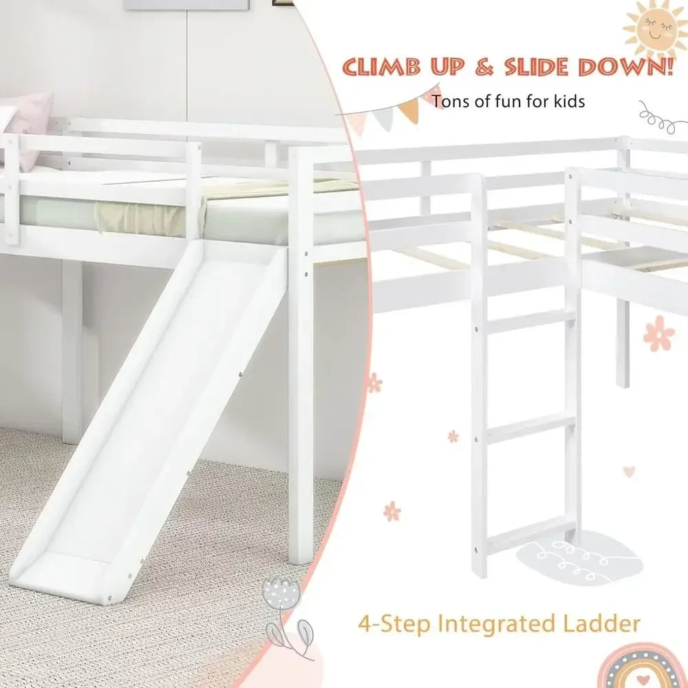 Wooden L Shaped Bed With Slide Ladder Guardrail For Family Use