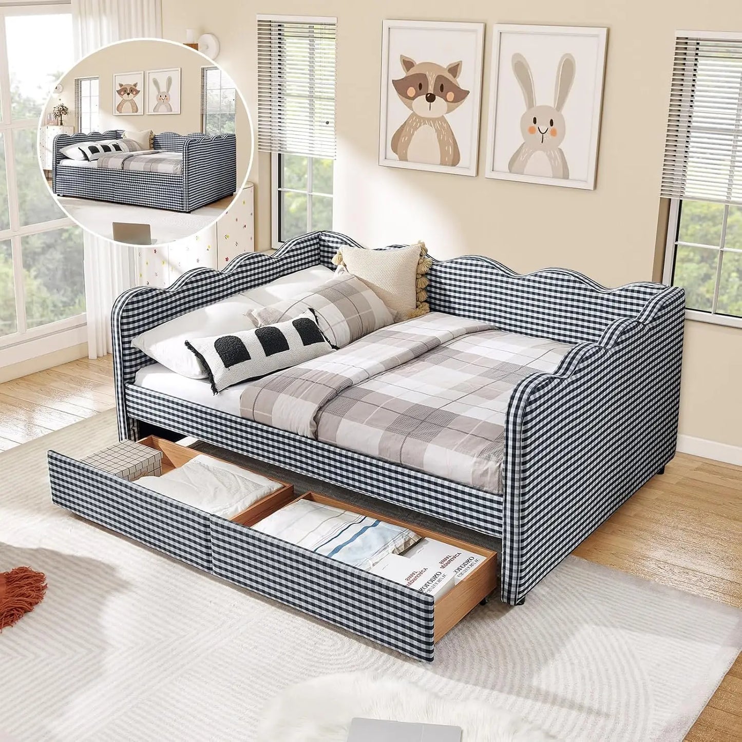 Wave Upholstered Storage Daybed Drawers USB Ports Modern Sofa Bed
