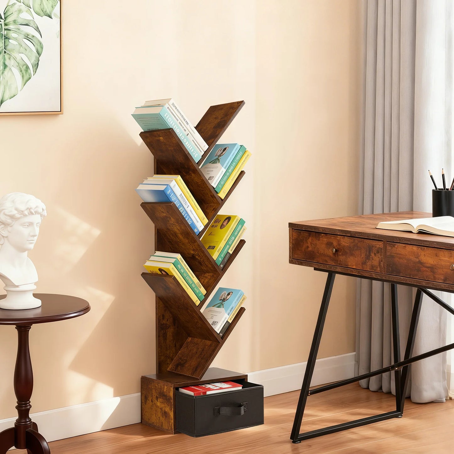 JHK Geometric 7 Tier Wooden Book Rack With Drawer Storage