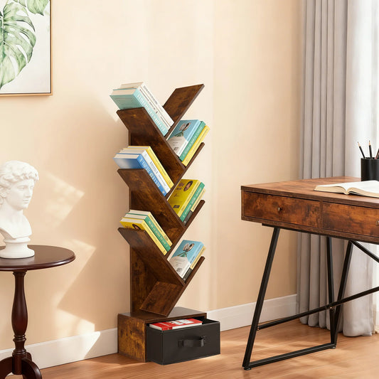 JHK Geometric 7 Tier Wooden Book Rack With Drawer Storage
