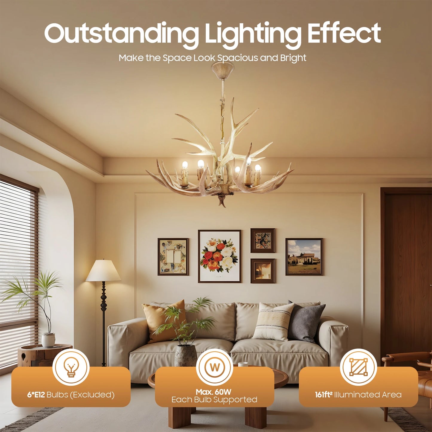 110V Resin Deer Antler Ceiling Light Six Light Chandelier Retro