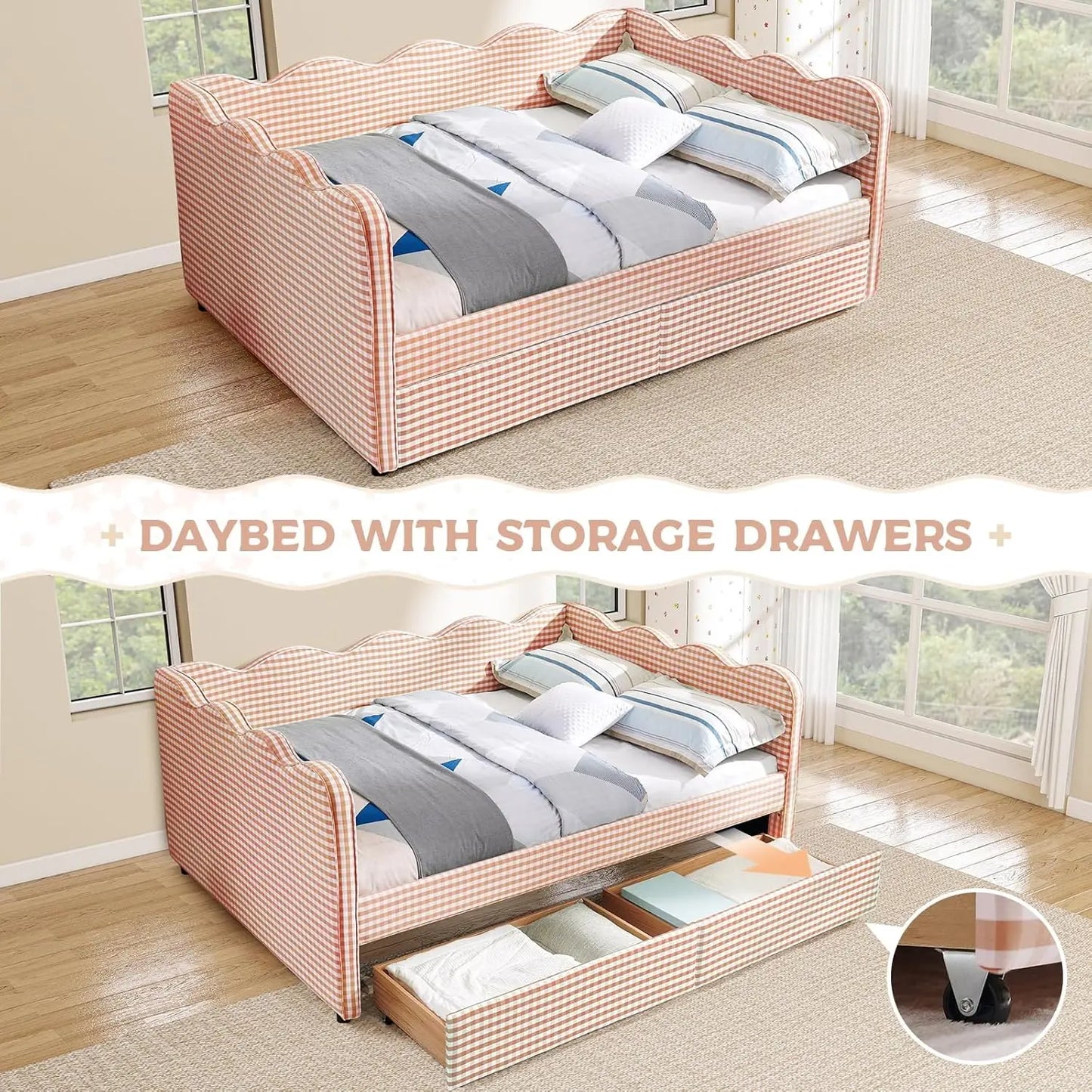 Wave Upholstered Storage Daybed Drawers USB Ports Modern Sofa Bed