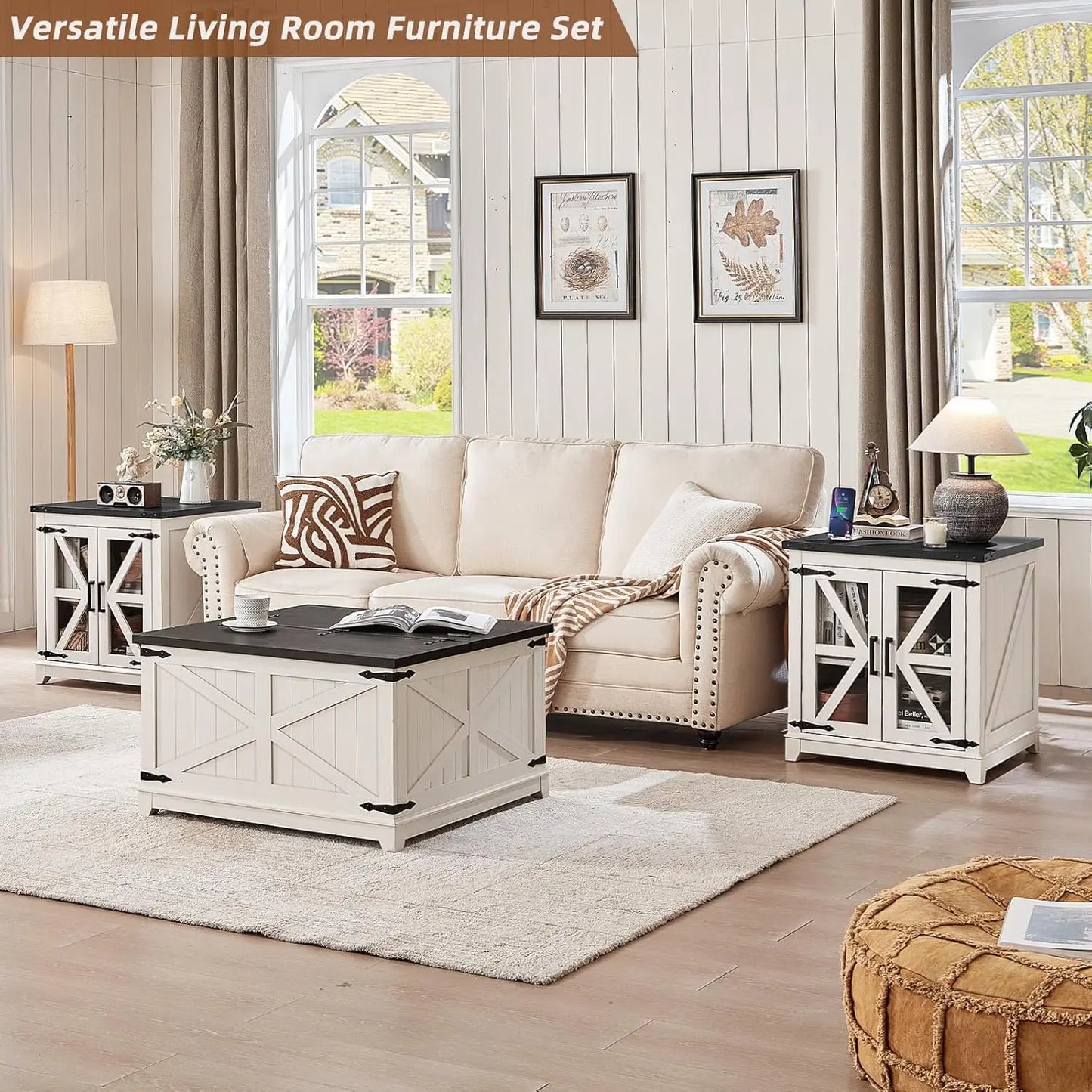 Farmhouse Wood Coffee Table Set 3 Pieces With Charging Station