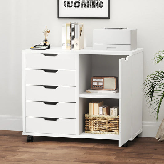 JHK Wood 5-Drawer Rolling File Cabinet With Shelves and Door