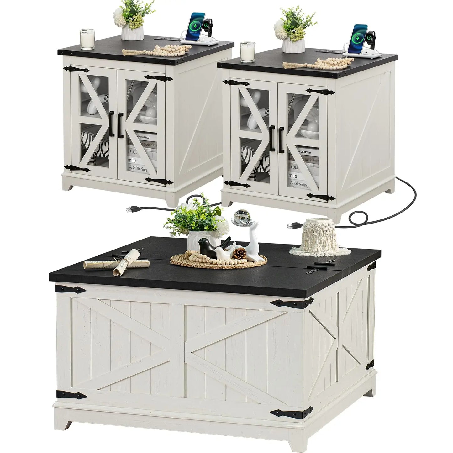 Farmhouse Wood Coffee Table Set 3 Pieces With Charging Station