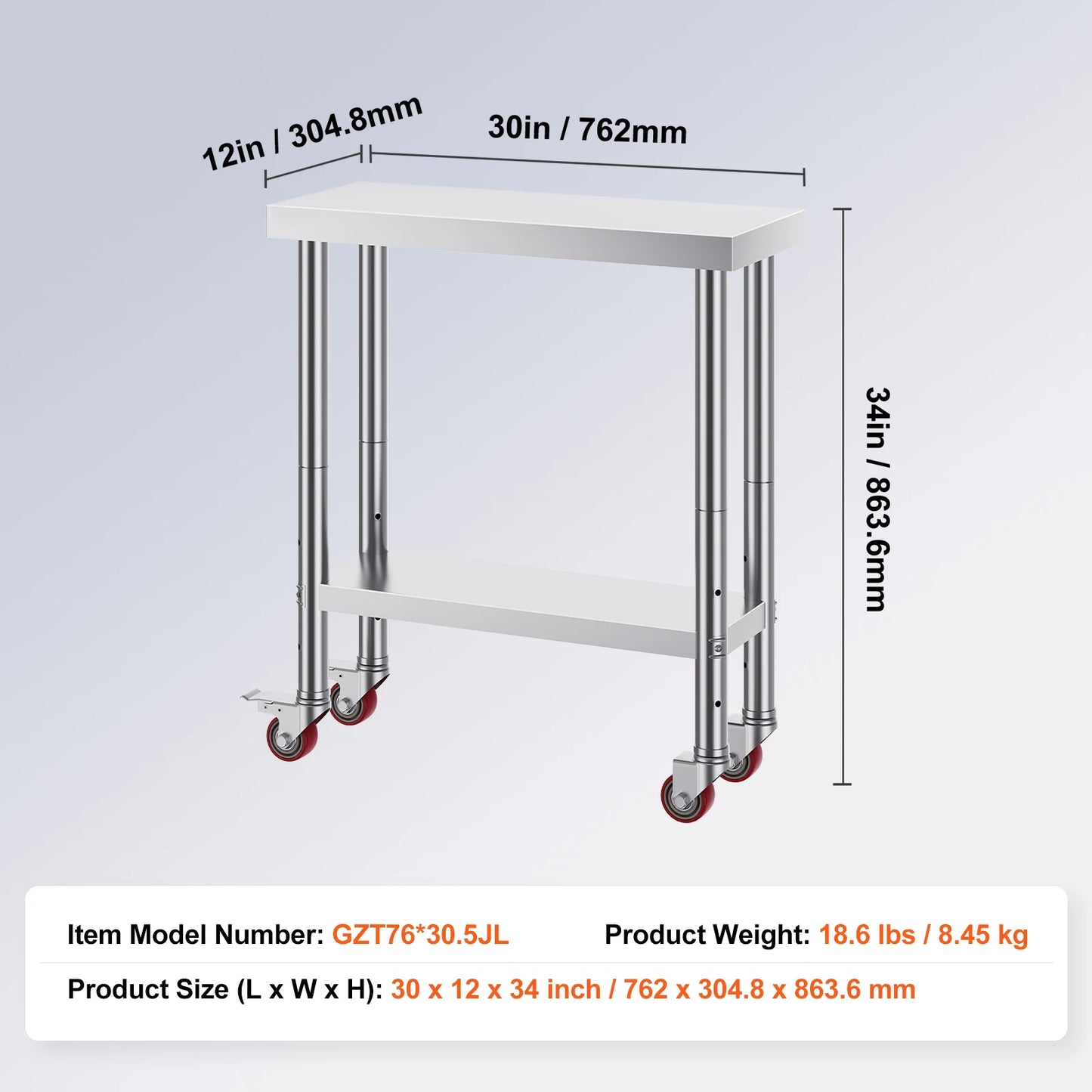 SucceBuy Stainless Steel Kitchen Work Table Adjustable Shelf Caster Wheels