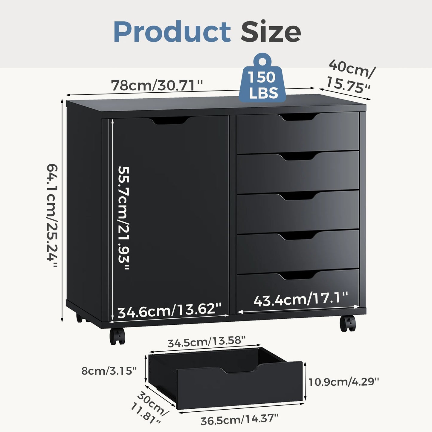 JHK Wood 5-Drawer Rolling File Cabinet With Shelves and Door