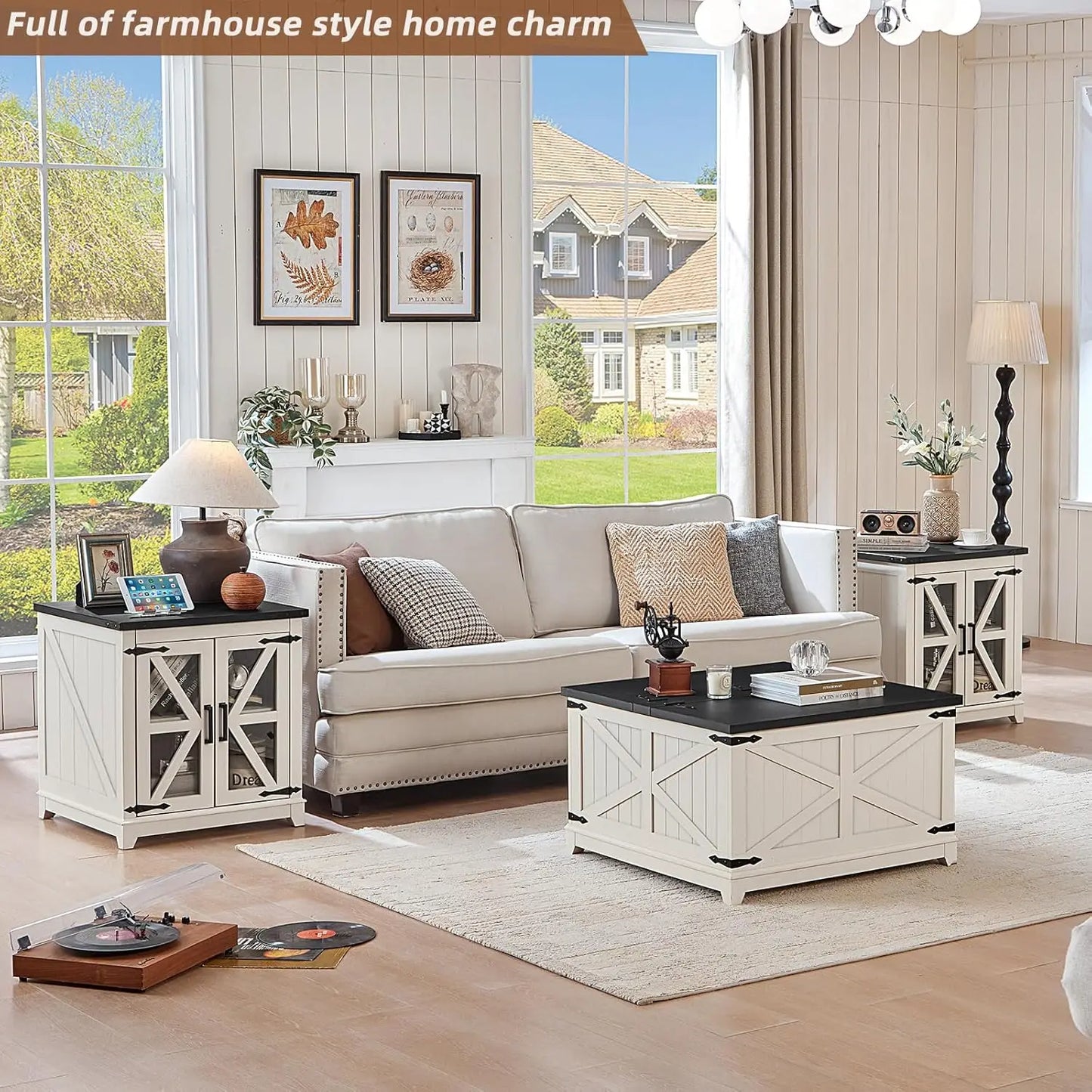 Farmhouse Wood Coffee Table Set 3 Pieces With Charging Station