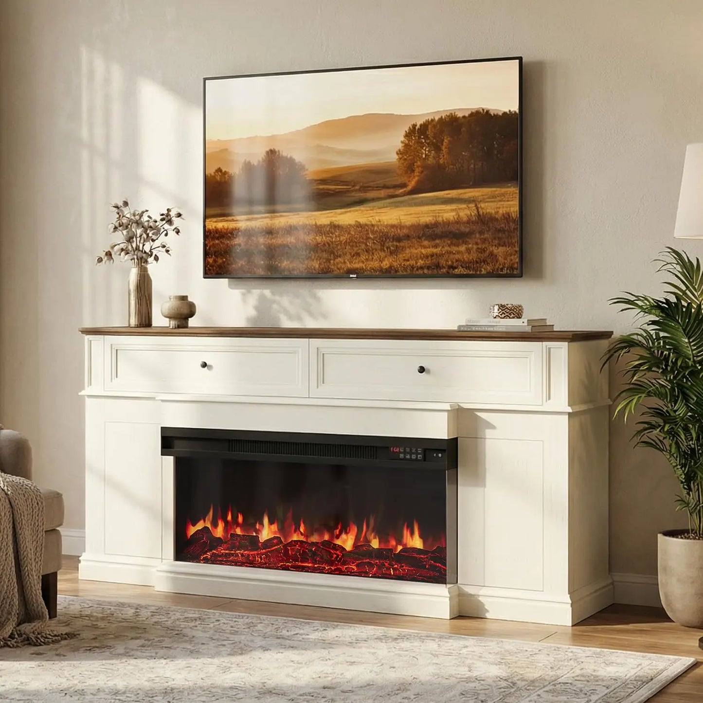 Farmhouse TV Stand With Electric Fireplace Media Console And Shelves