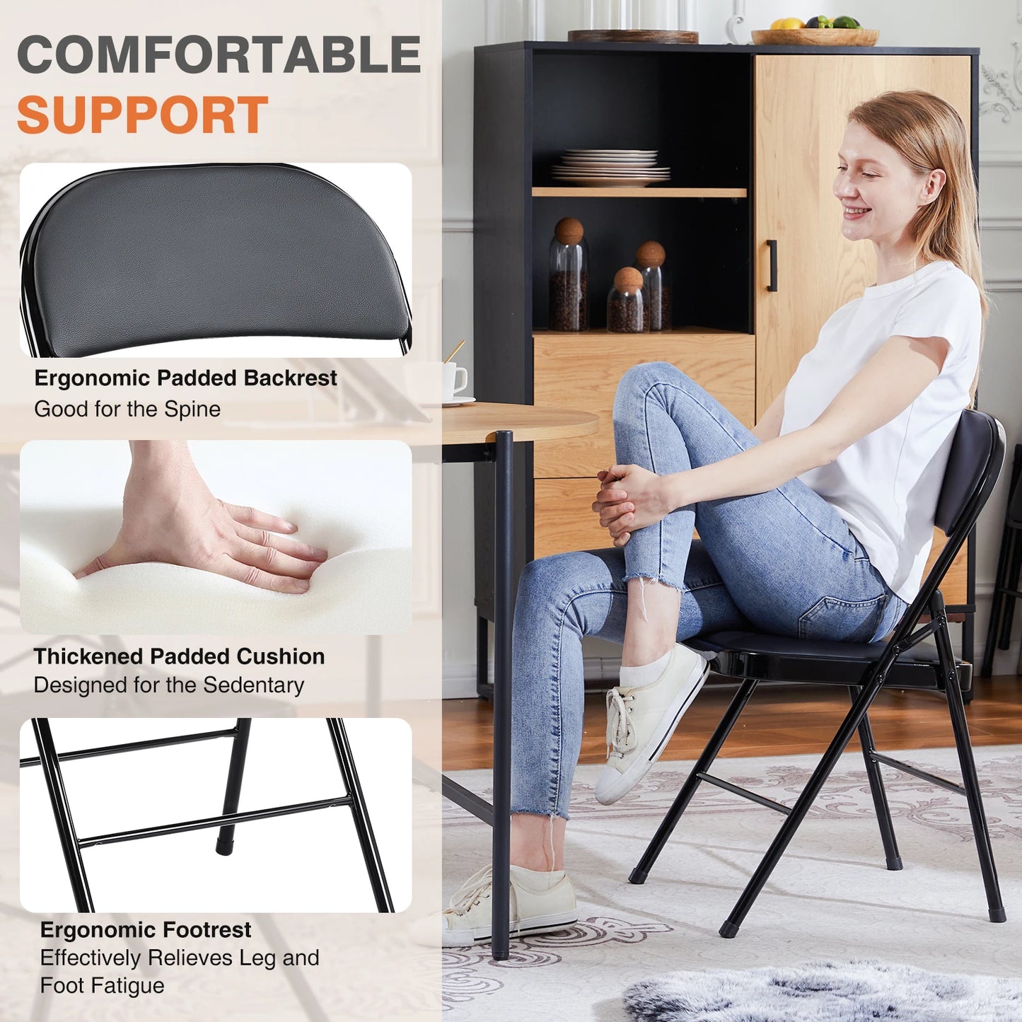 JHK Leather Padded Folding Chairs Set 4 Pack Sturdy Metal