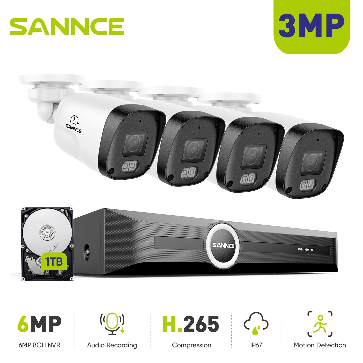 SANNCE 8-Channel 3MP NVR System With 4 PoE Cameras