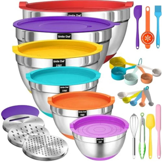 Heavy-Duty Stainless Steel Mixing Bowl Set With Lids And Grater