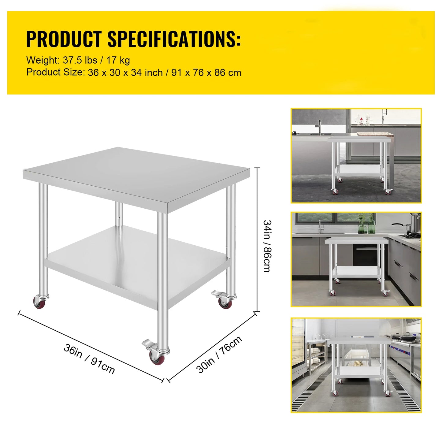 SucceBuy Stainless Steel Kitchen Work Table Adjustable Shelf Caster Wheels