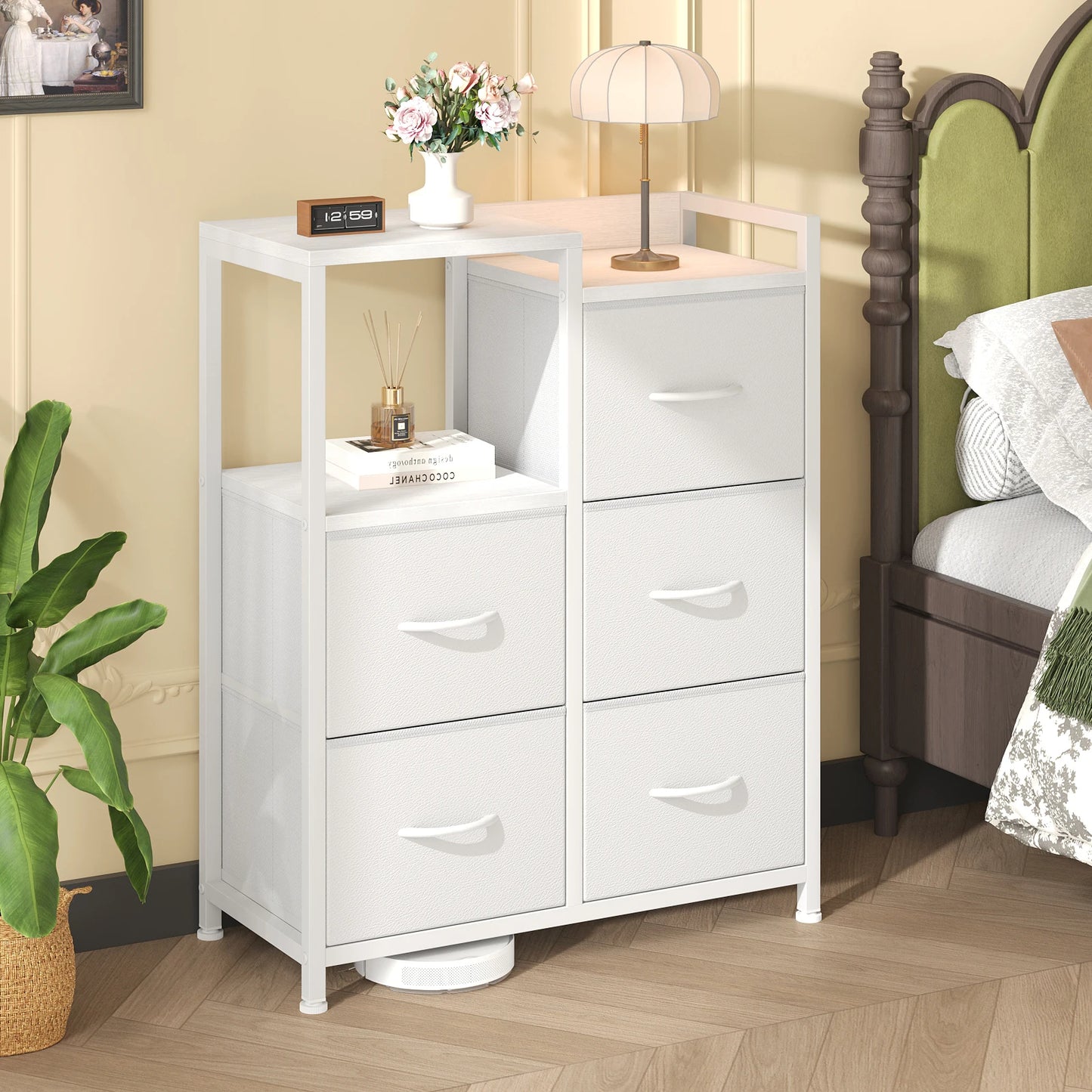 JHK 5 Fabric Drawer Chest With Raised Shelf Metal Frame