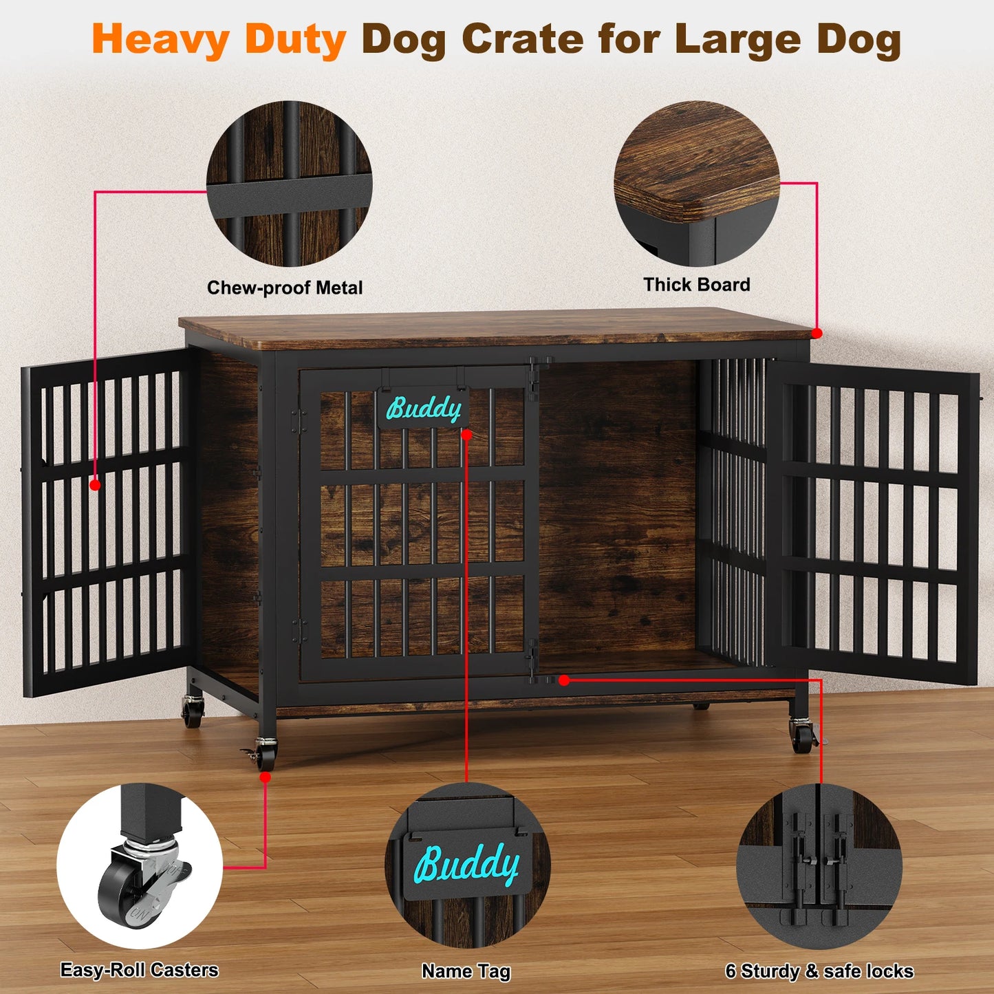 Furniture Style Dog Crate With Casters For Indoor Use