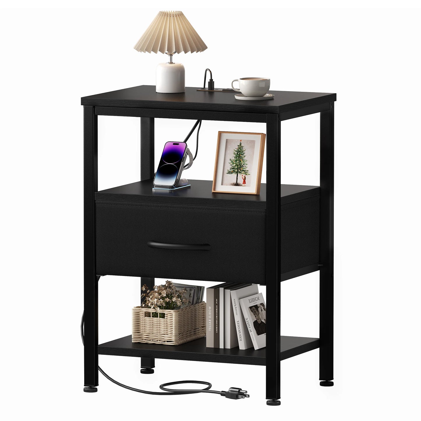 MCQ Nightstand With LED Light Strip Fabric Drawers Charging Station