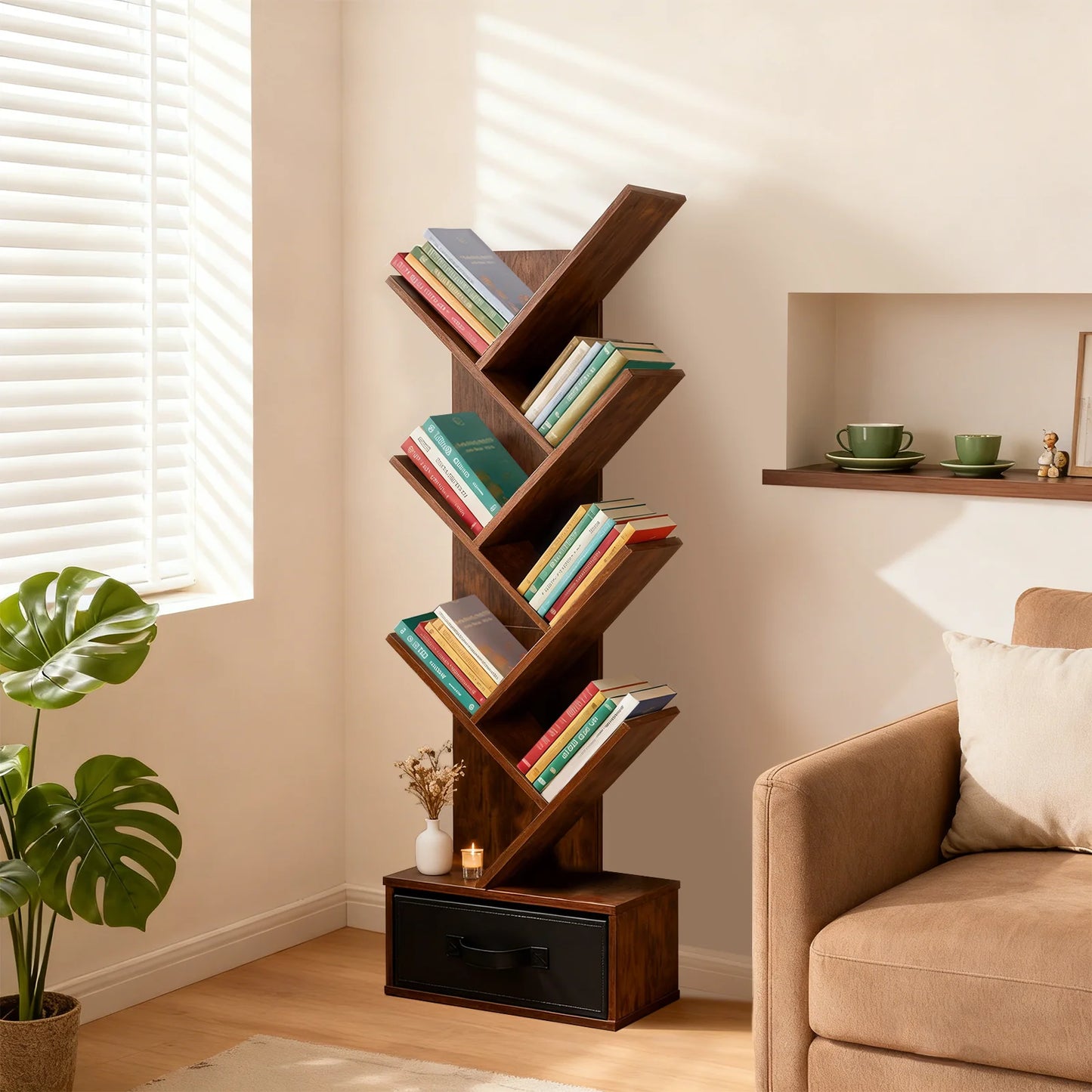 JHK Geometric 7 Tier Wooden Book Rack With Drawer Storage