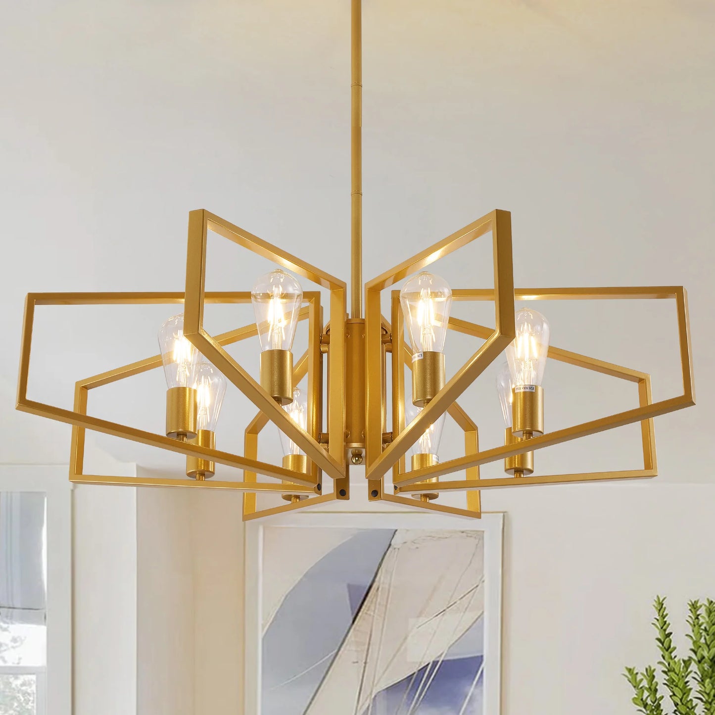 Modern 8-Light Geometric Chandelier With Adjustable Height Metal Pendant