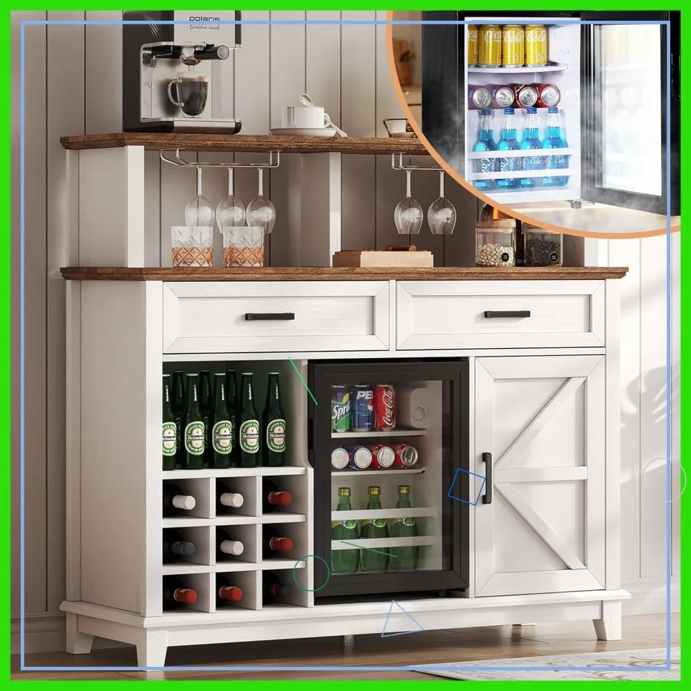 Farmhouse Coffee Bar Cabinet With Refrigerator Wine Rack