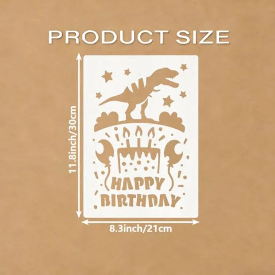Happy Birthday Stencil Set 4 Pcs for Painting on Plastic Dinosaur Theme