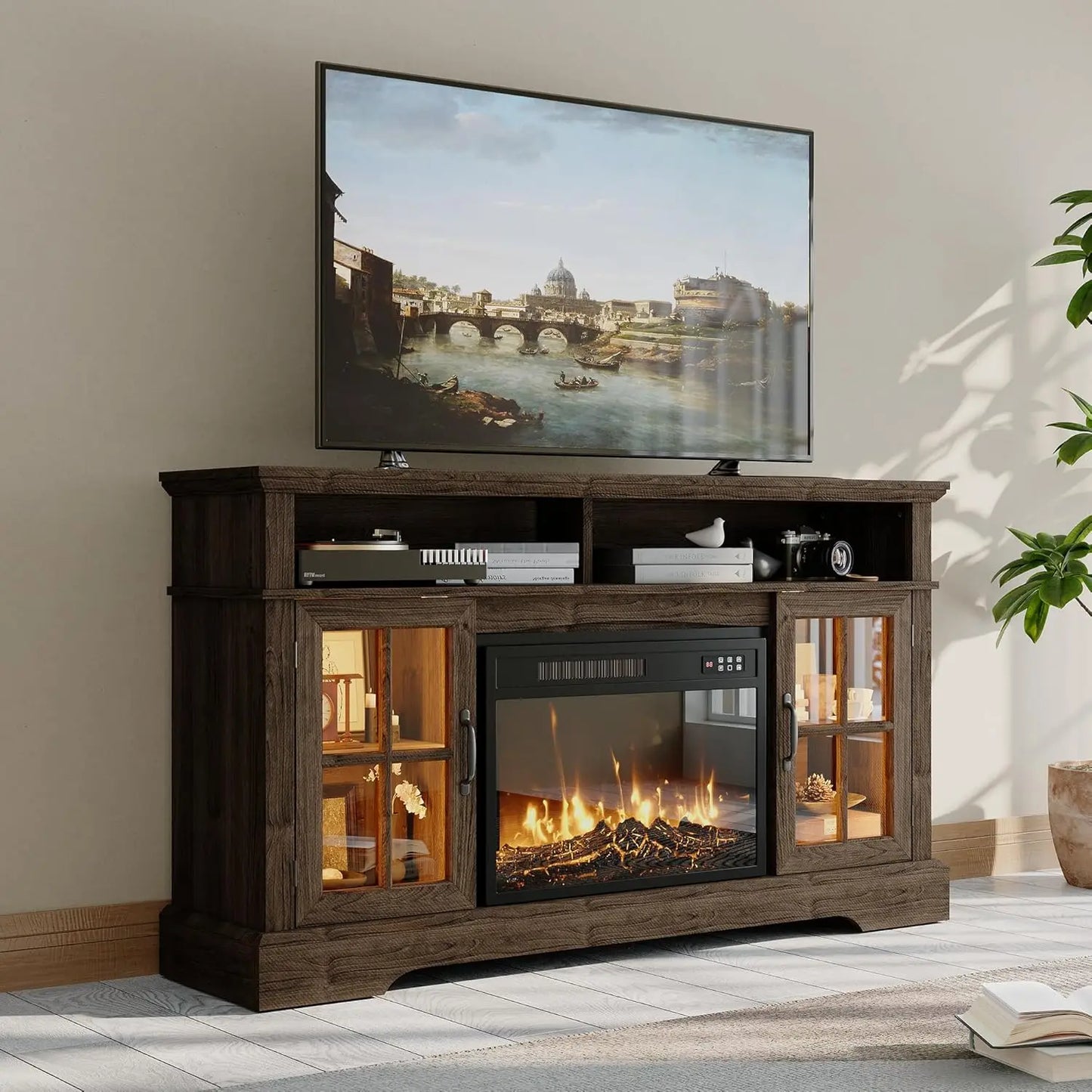Farmhouse TV Stand With Electric Fireplace Media Console And Shelves