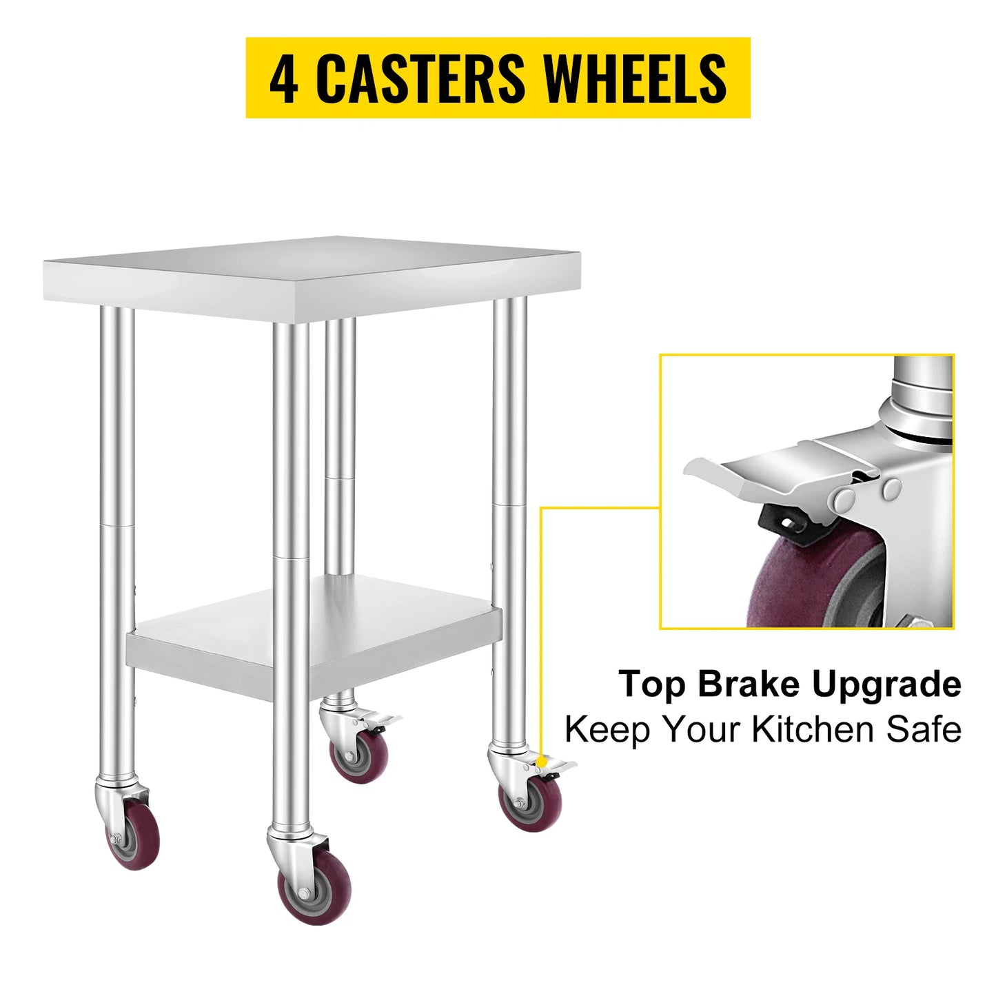 SucceBuy Stainless Steel Kitchen Work Table Adjustable Shelf Caster Wheels
