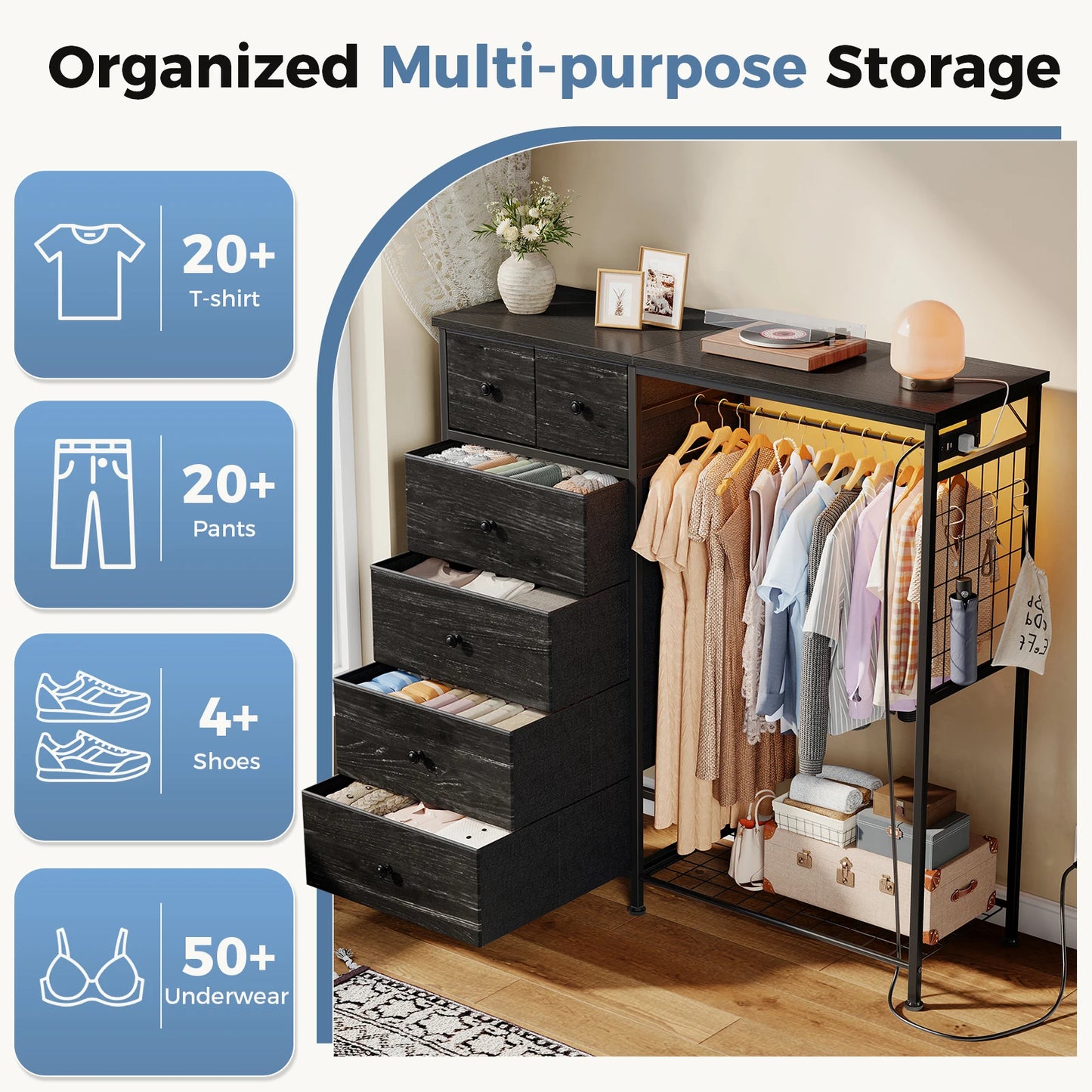 JHK Living Room Fabric Dresser With Hanging Rack And LED Lights