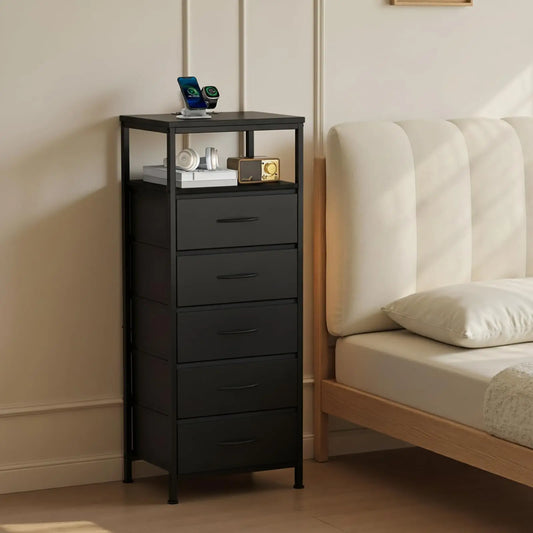 JHK 5 Drawer Fabric Dresser Nightstand With Charging Station