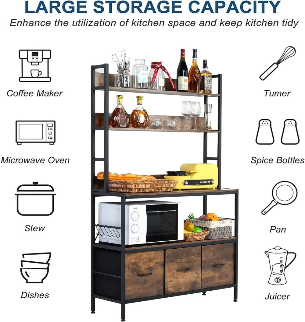 5-Tier Industrial Bakers Rack With Pull Out Baskets And Hooks