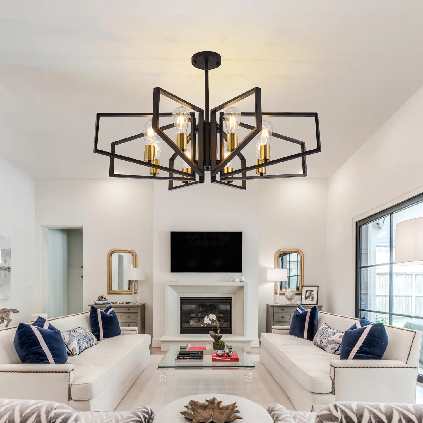 Modern 8-Light Geometric Chandelier With Adjustable Height Metal Pendant
